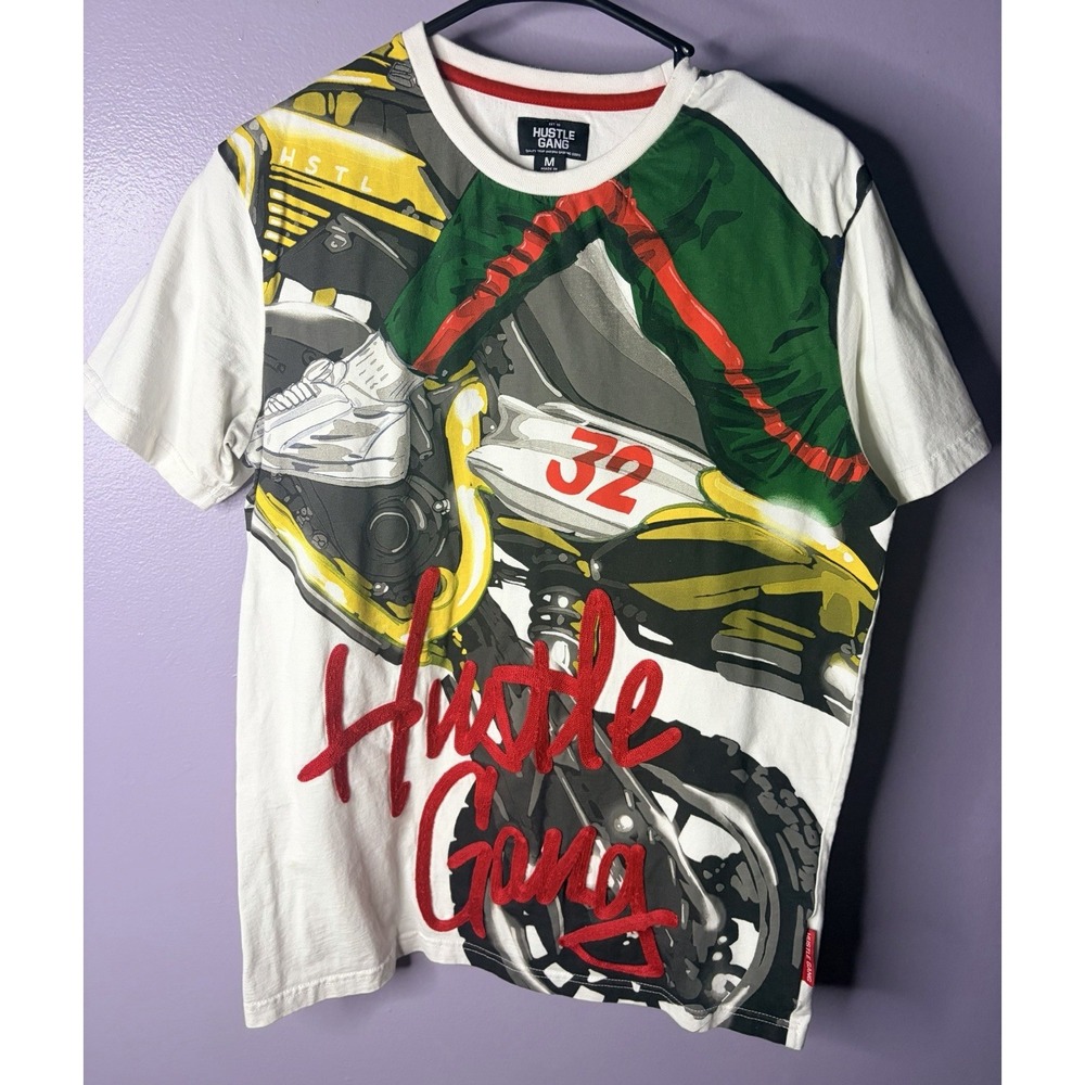Hustle Gang Graphic T Shirt Mens M Streetwear Trap‎ Moto Racing Tee Embroidered